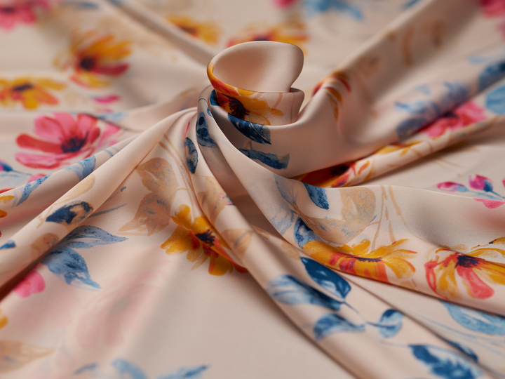 Lightweight  satin  fabric - Light beige  floral   print