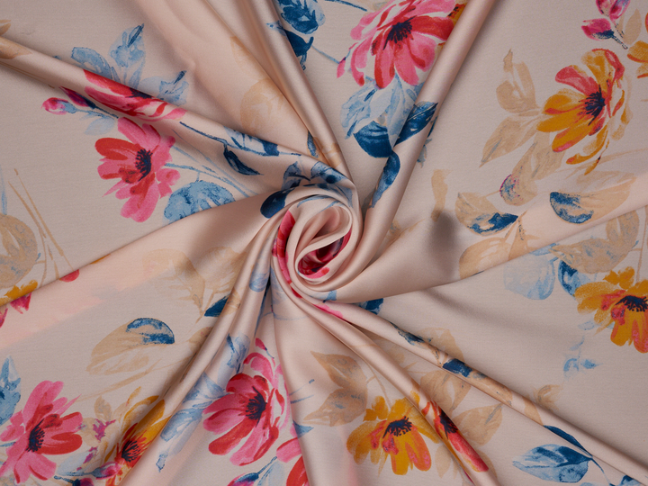 Lightweight  satin  fabric - Light beige  floral   print