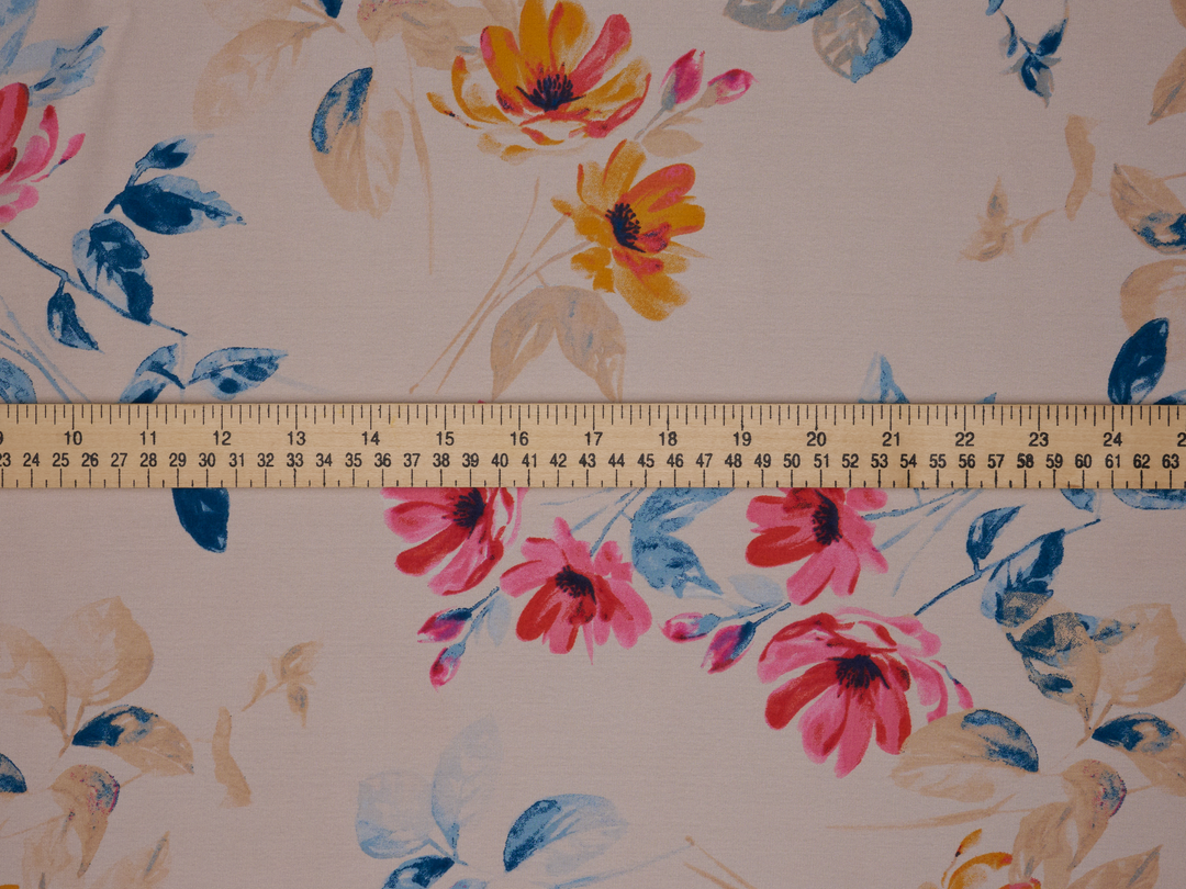 Lightweight  satin  fabric - Light beige  floral   print