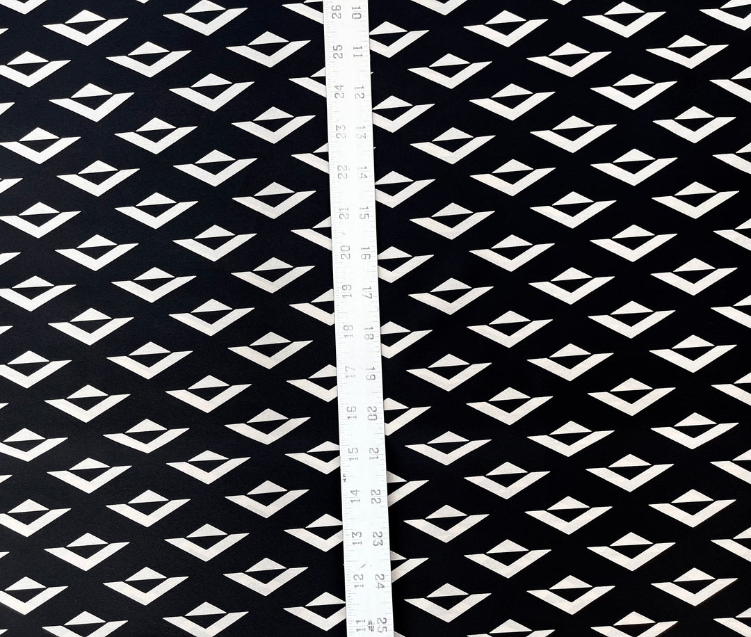 Crepe de Chine fabric by the yard - Ivory triangles on black  print