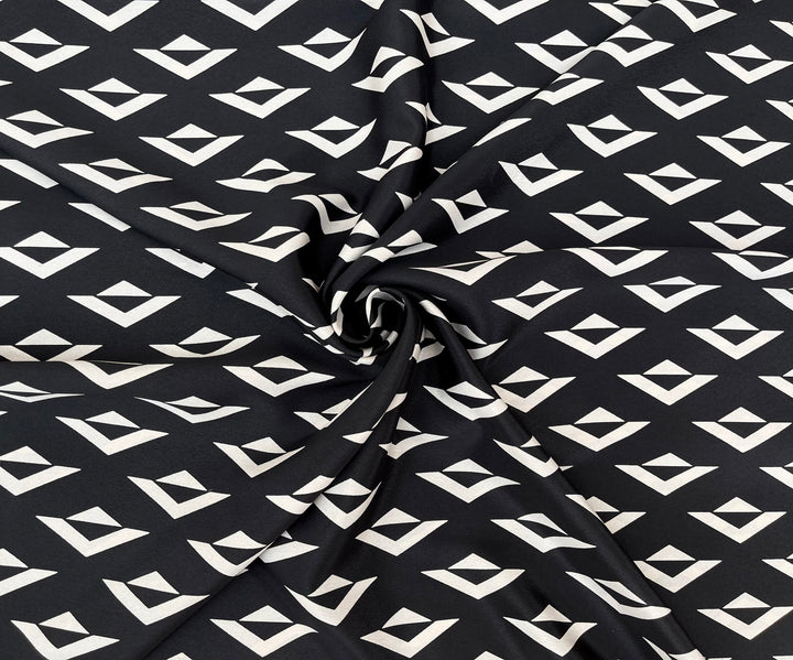 Crepe de Chine fabric by the yard - Ivory triangles on black  print