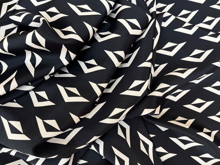 Crepe de Chine fabric by the yard - Ivory triangles on black  print