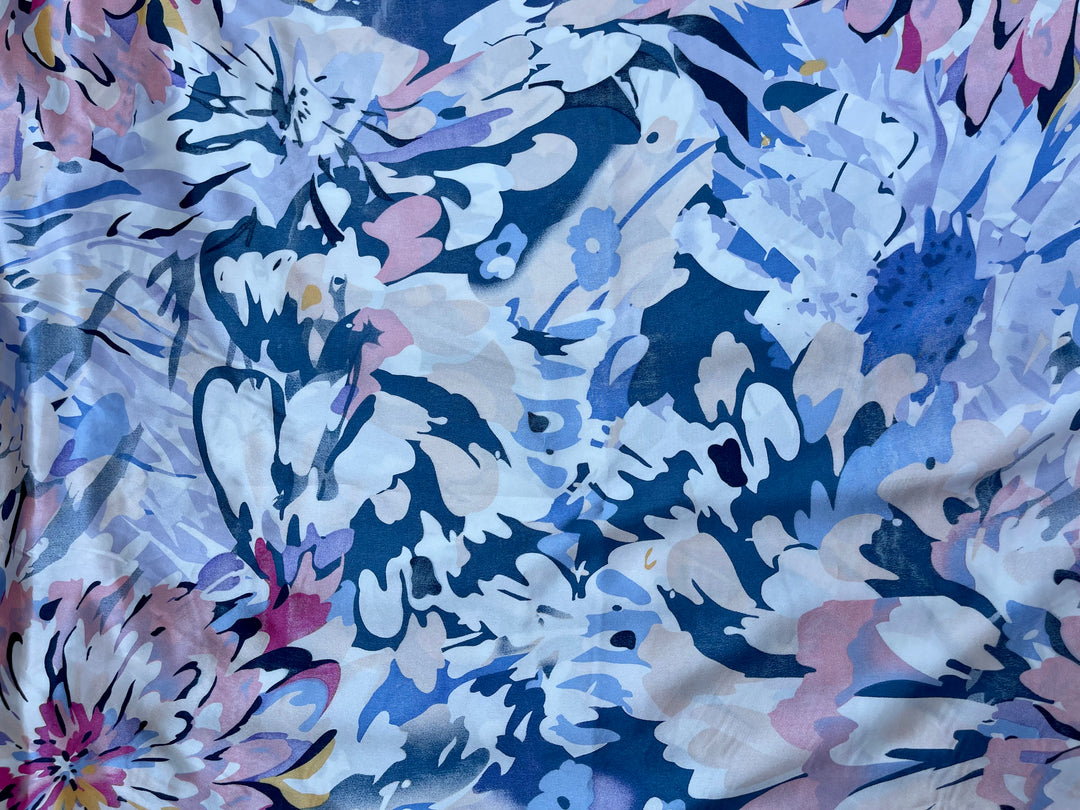 Faux silk charmeuse satin fabric by the yard -  Blue floral