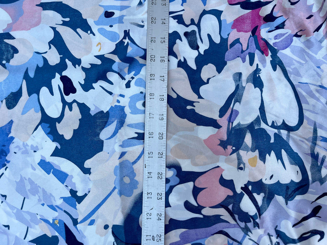 Faux silk charmeuse satin fabric by the yard -  Blue floral