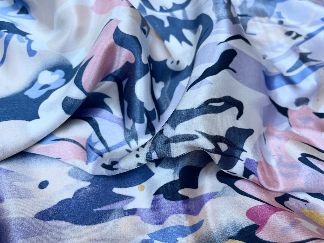 Faux silk charmeuse satin fabric by the yard -  Blue floral