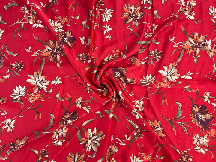 Faux silk charmeuse satin fabric by the yard -  Red  floral  print