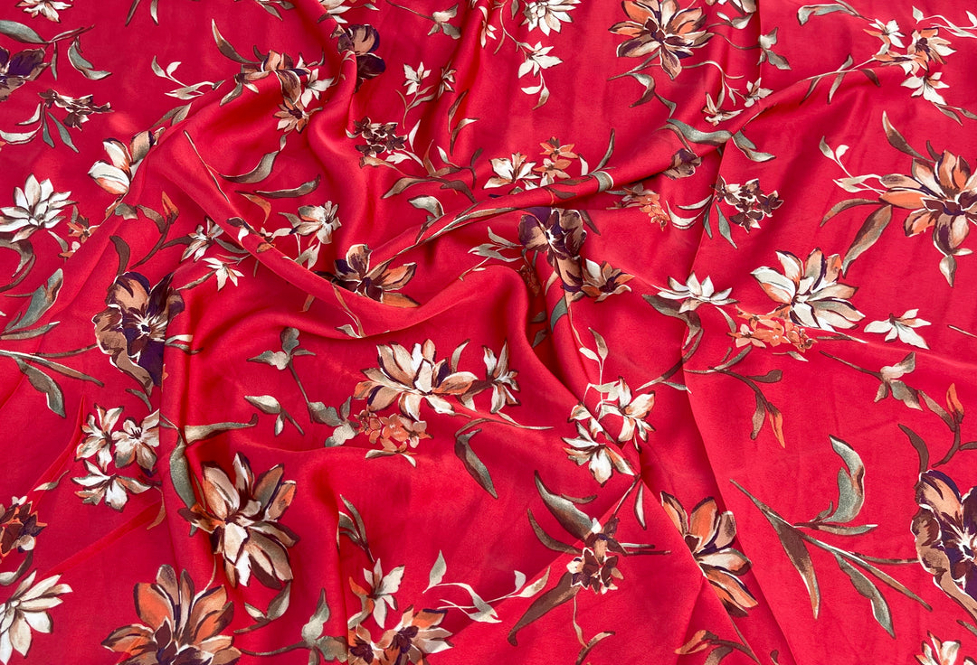 Faux silk charmeuse satin fabric by the yard -  Red  floral  print