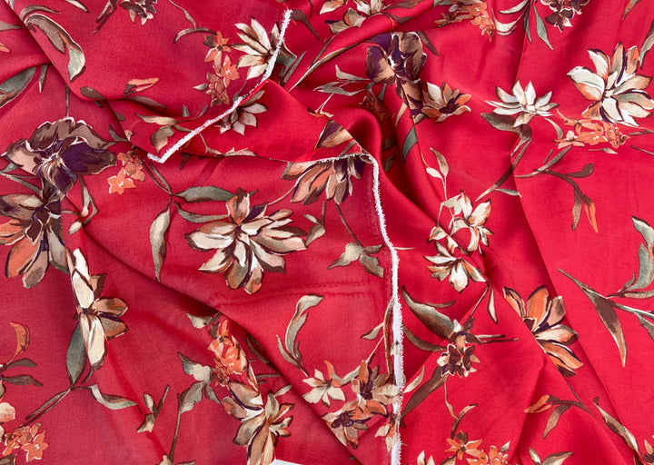 Faux silk charmeuse satin fabric by the yard -  Red  floral  print