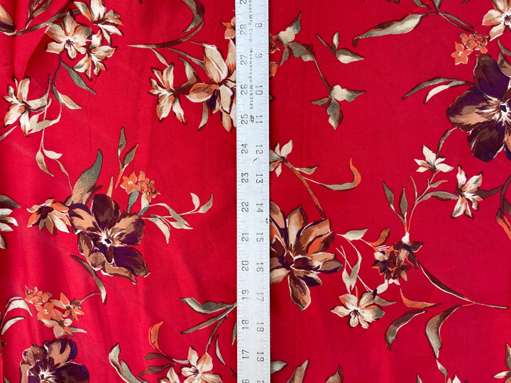 Faux silk charmeuse satin fabric by the yard -  Red  floral  print