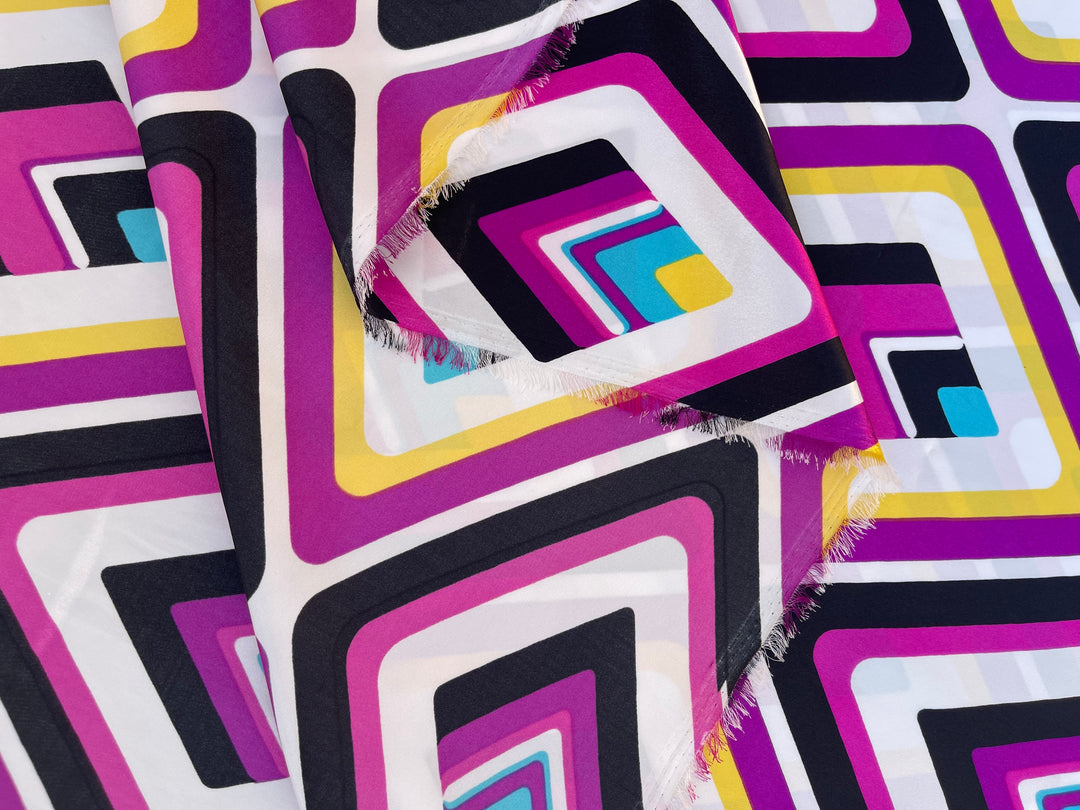 Charmeuse satin fabric   -  Black hot pink   Yellow diamond geometric print