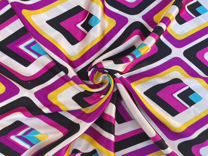 Charmeuse satin fabric   -  Black hot pink   Yellow diamond geometric print