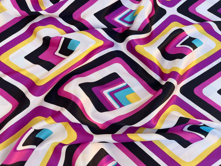 Charmeuse satin fabric   -  Black hot pink   Yellow diamond geometric print