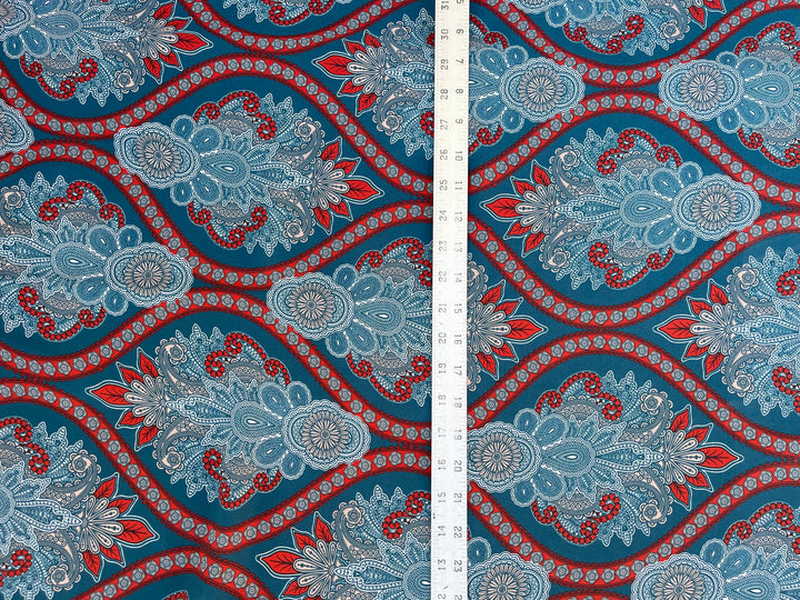 Georgette  boho tribal fabric by the yard - Red dark turquoise damask bohemian print