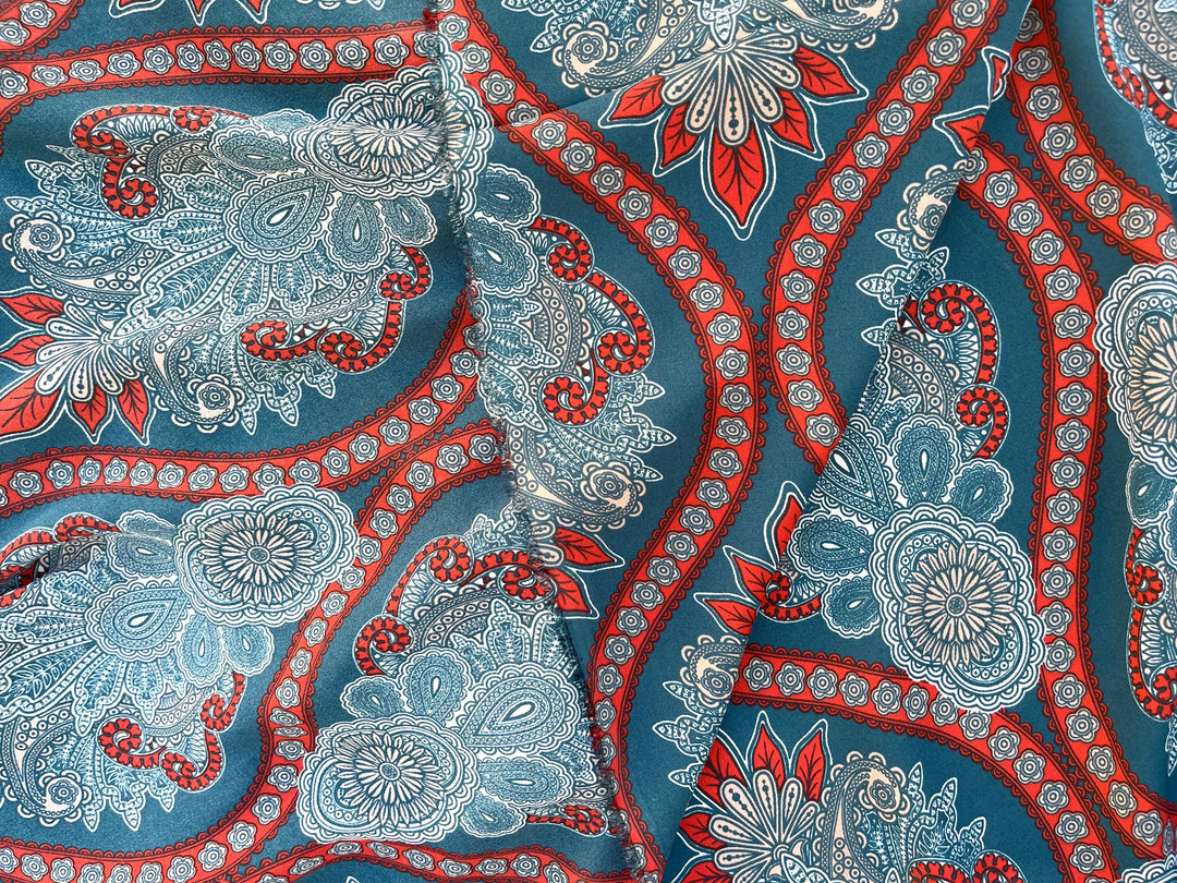 Georgette  boho tribal fabric by the yard - Red dark turquoise damask bohemian print