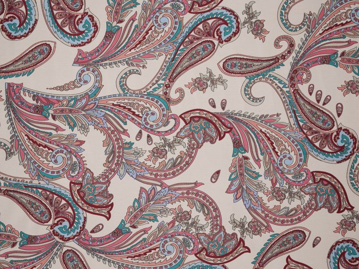 Lightweight  satin  fabric - off white pink and gray Paisley   print