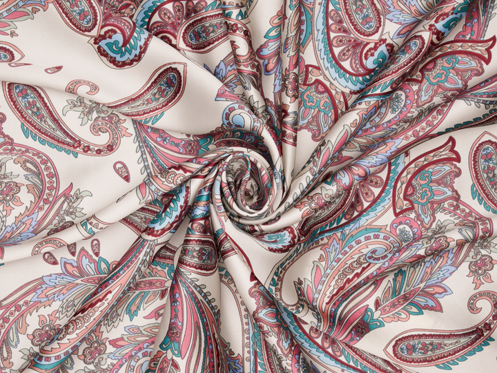 Lightweight  satin  fabric - off white pink and gray Paisley   print