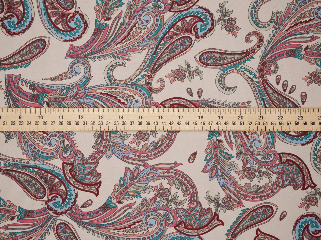 Lightweight  satin  fabric - off white pink and gray Paisley   print