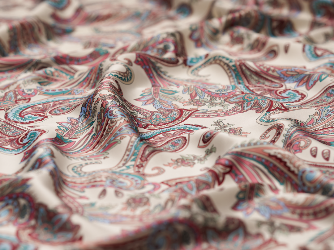 Lightweight  satin  fabric - off white pink and gray Paisley   print