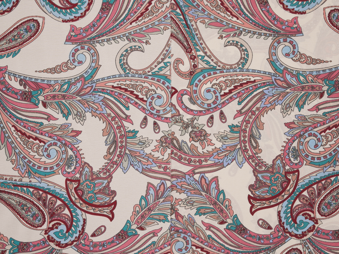 Lightweight  satin  fabric - off white pink and gray Paisley   print