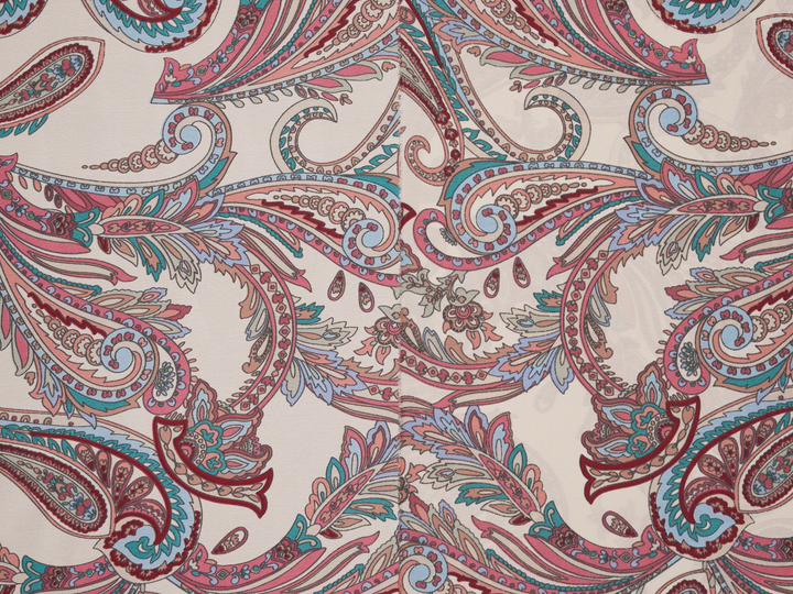 Lightweight  satin  fabric - off white pink and gray Paisley   print