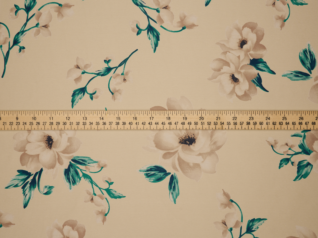 Lightweight  satin  fabric - Ivoy Teal gray Floral    print