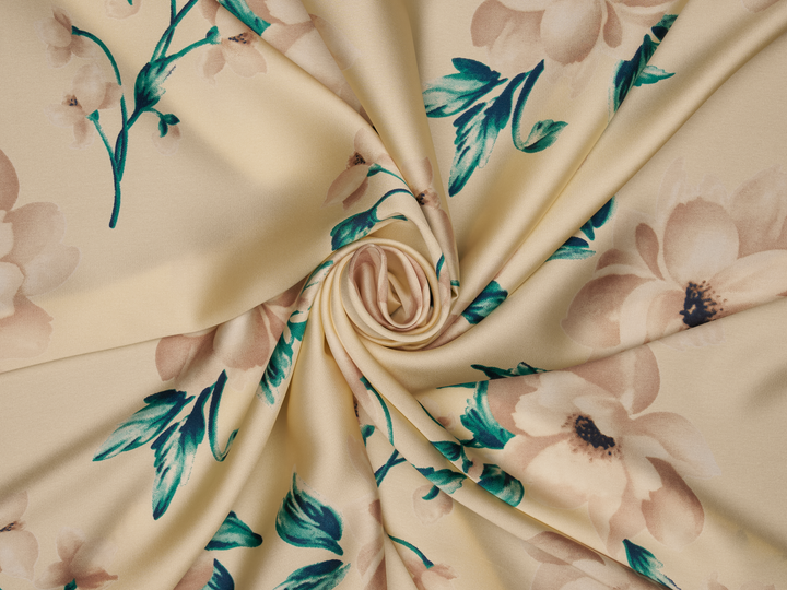 Lightweight  satin  fabric - Ivoy Teal gray Floral    print