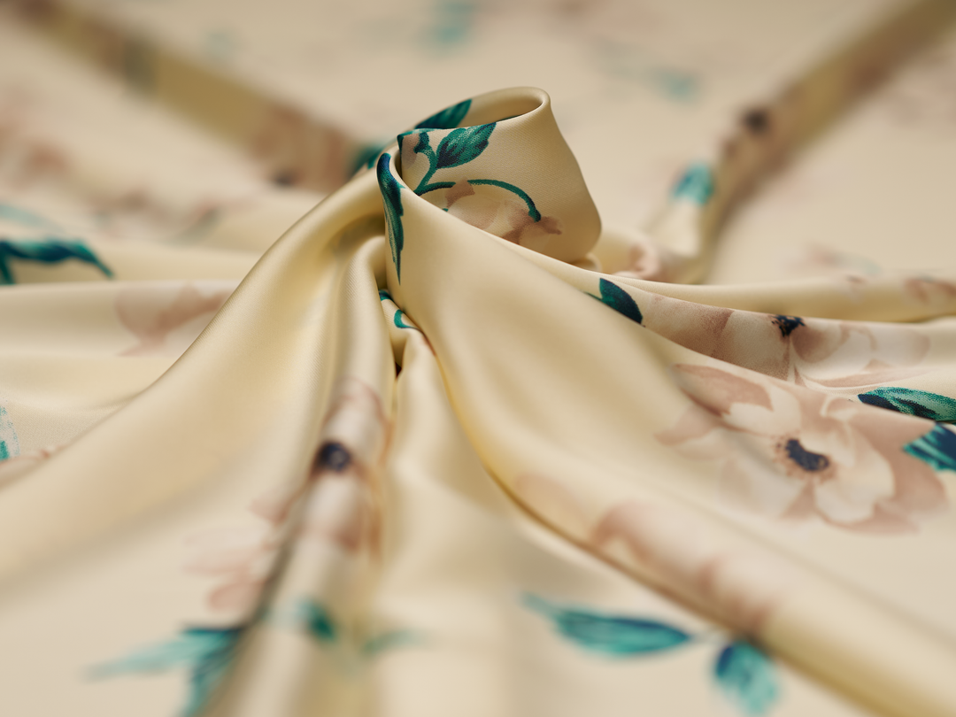 Lightweight  satin  fabric - Ivoy Teal gray Floral    print