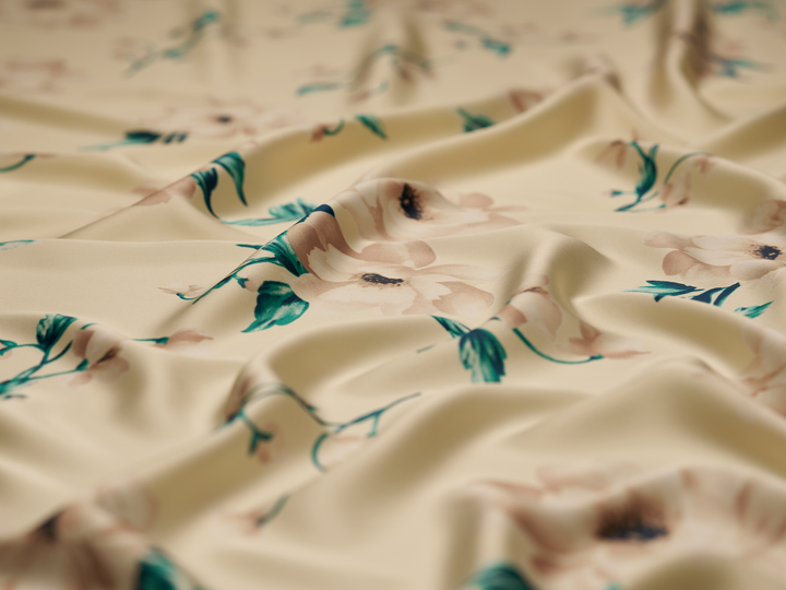 Lightweight  satin  fabric - Ivoy Teal gray Floral    print