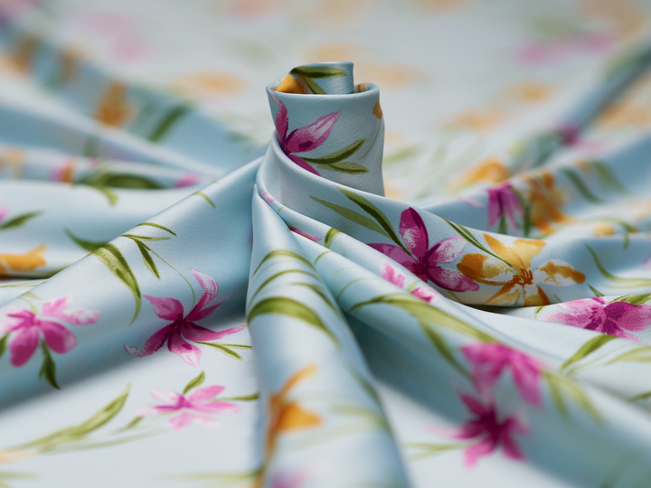 Faux silk charmeuse satin fabric by the yard -  Lilly  floral  print