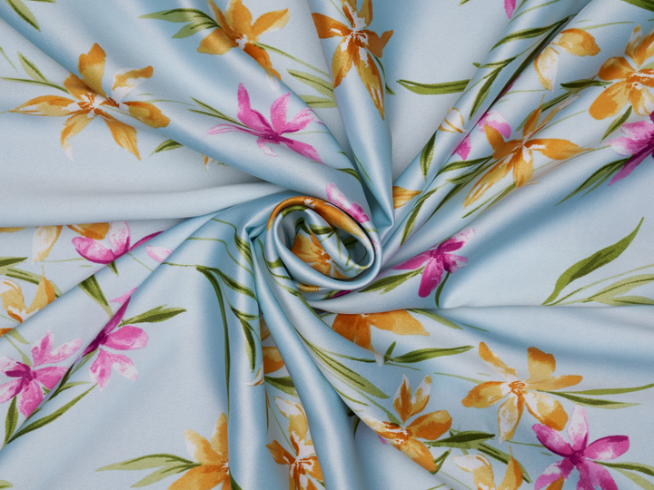 Faux silk charmeuse satin fabric by the yard -  Lilly  floral  print