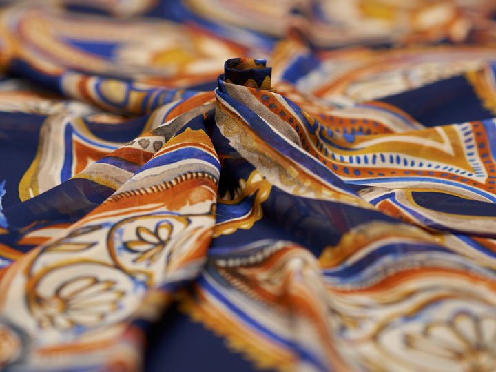 Chiffon fabric by the yard - Blue Mustard  orange paisley  print