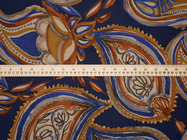 Chiffon fabric by the yard - Blue Mustard  orange paisley  print