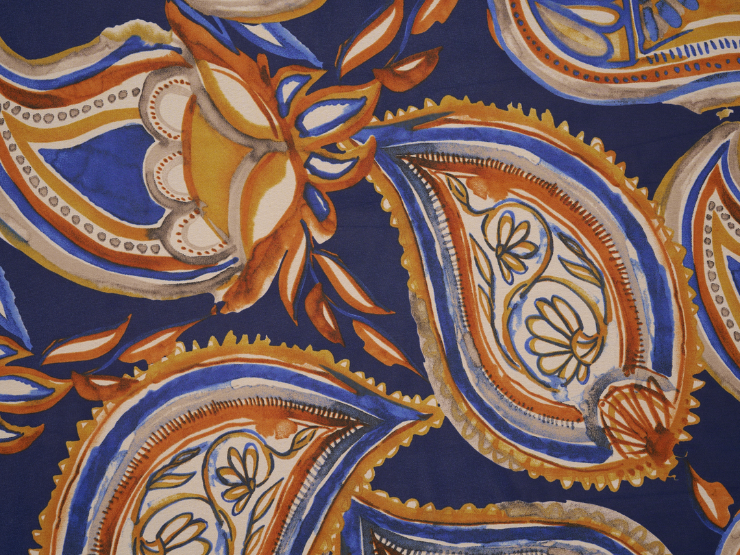 Chiffon fabric by the yard - Blue Mustard  orange paisley  print