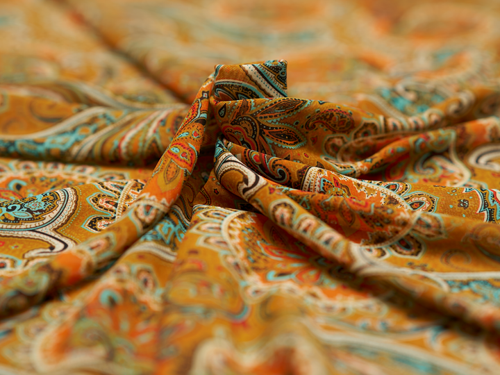 Chiffon fabric by the yard - Gorgeous Mustard teal orange paisley  print