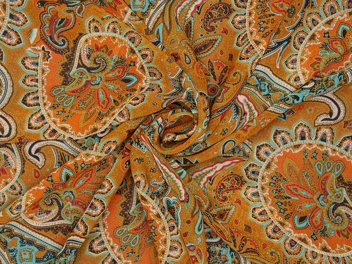 Chiffon fabric by the yard - Gorgeous Mustard teal orange paisley  print