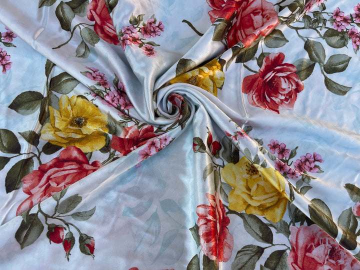 Faux silk charmeuse satin fabric by the yard -  Roses bouquet print