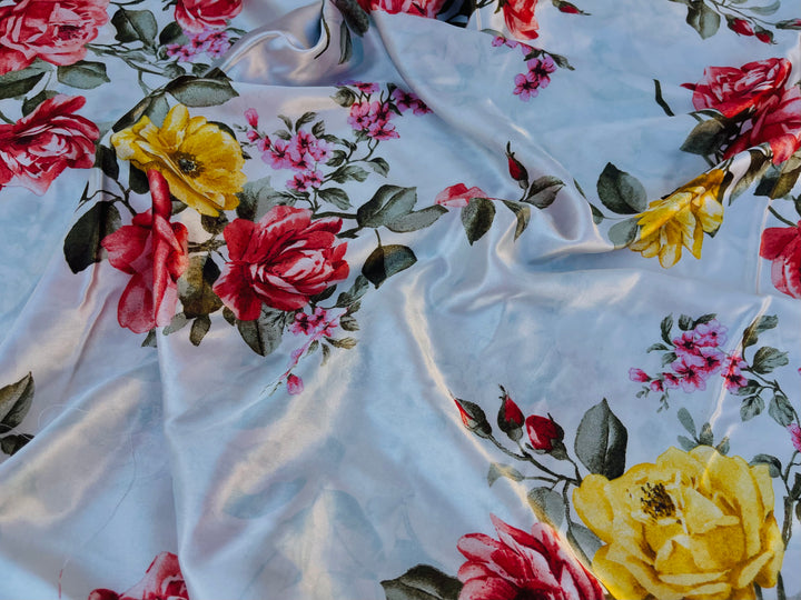 Faux silk charmeuse satin fabric by the yard -  Roses bouquet print