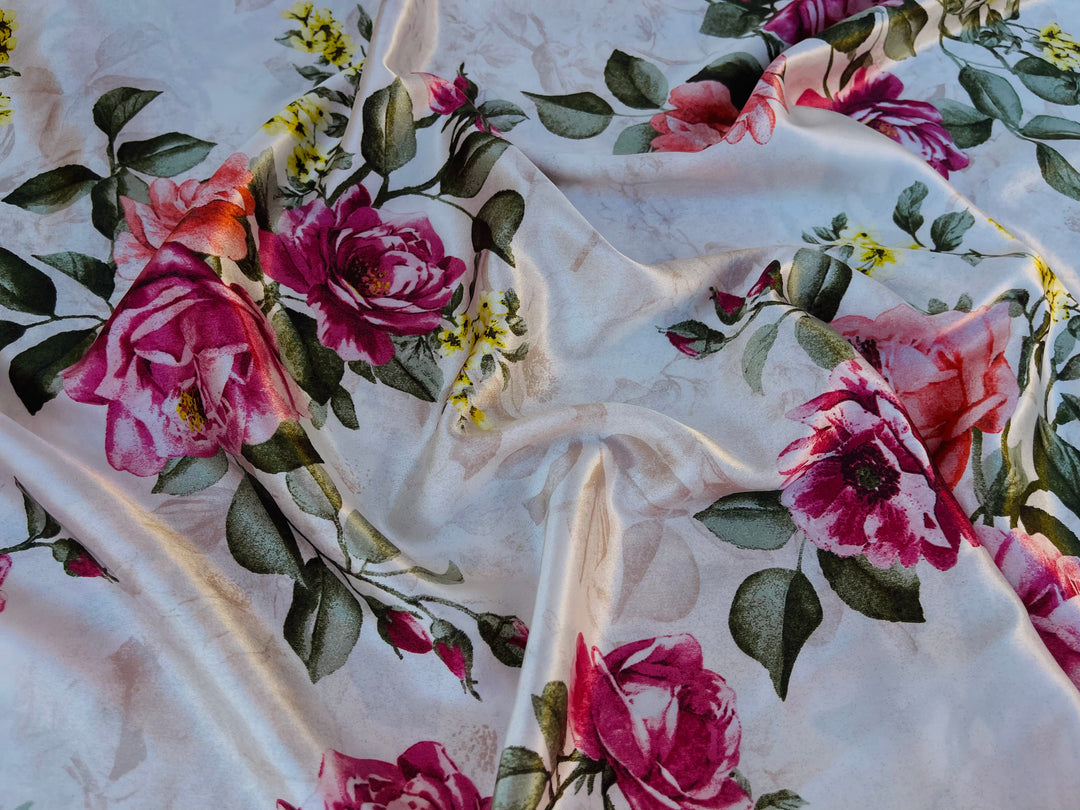 Faux silk charmeuse satin fabric by the yard -  Roses bouquet print