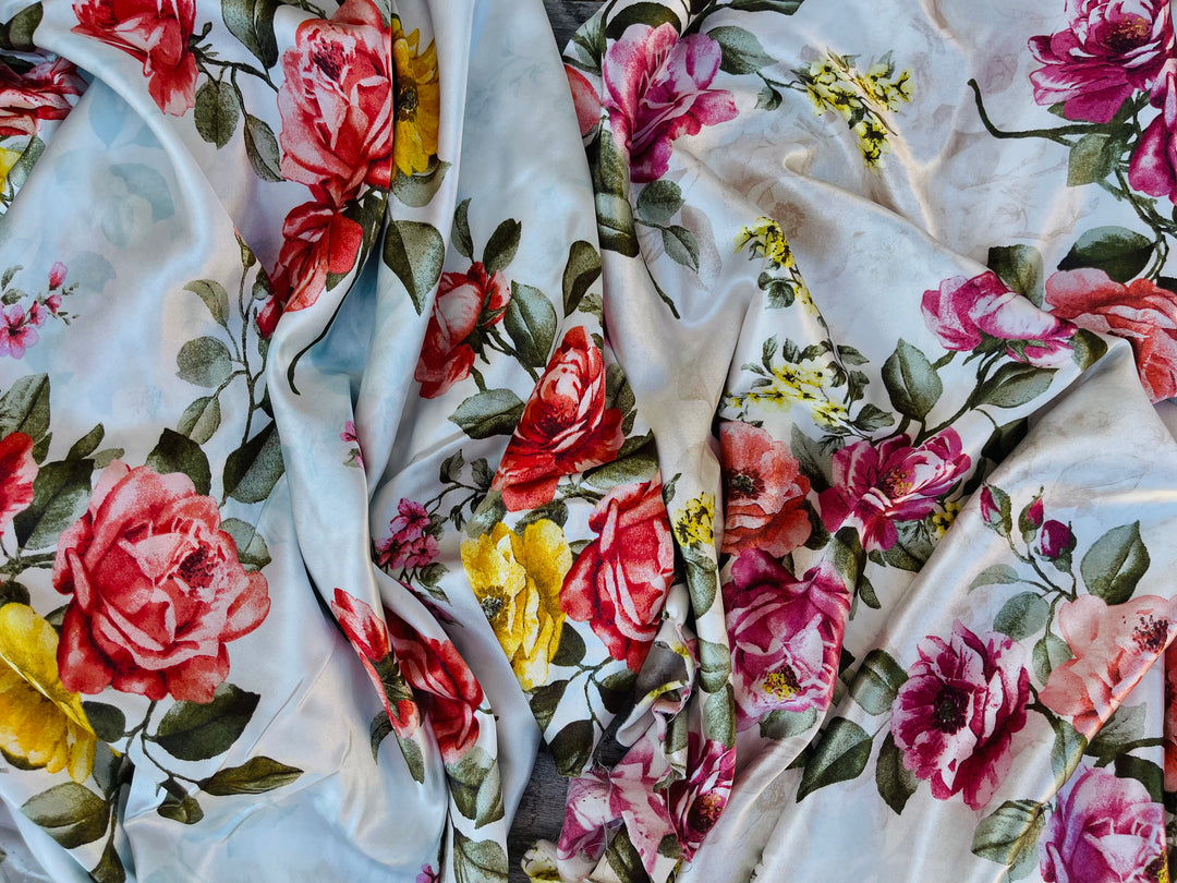 Faux silk charmeuse satin fabric by the yard -  Roses bouquet print