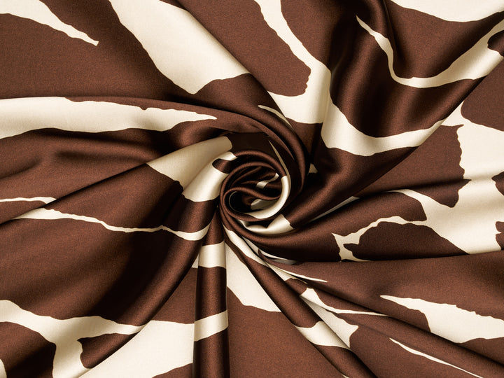 Satin  charmeuse fabric by the yard - Brown And Off White Abstract Print