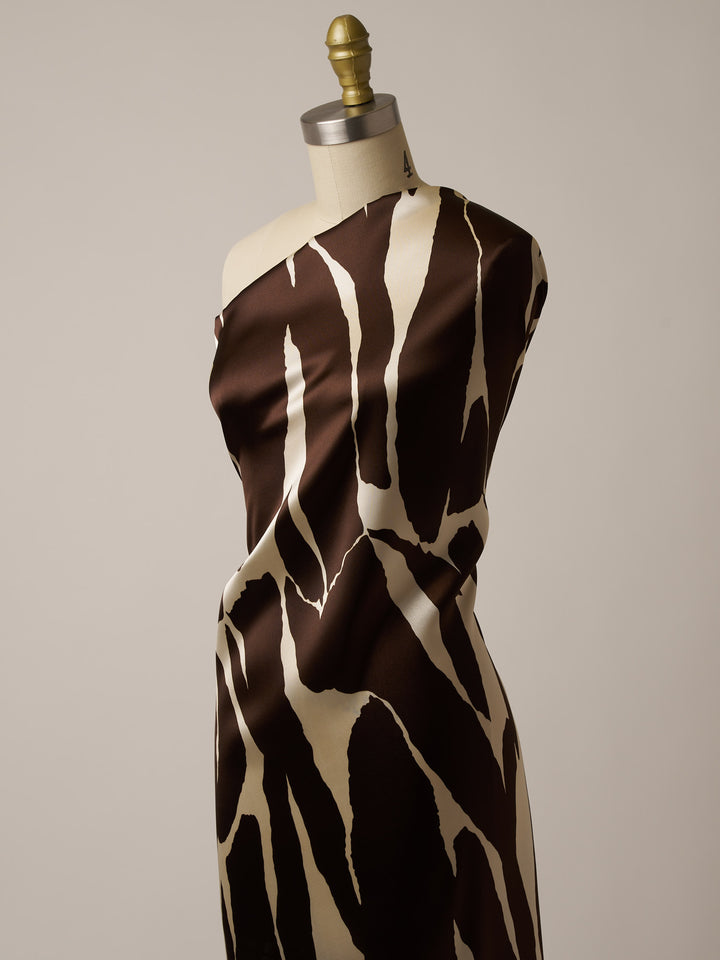 Satin  charmeuse fabric by the yard - Brown And Off White Abstract Print