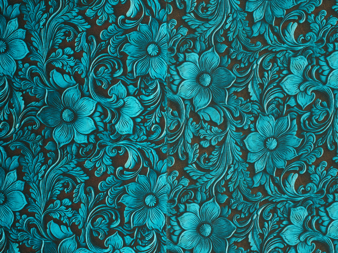 Charmeuse Satin  fabric by the yard -    Turquoise and brown tooled  print