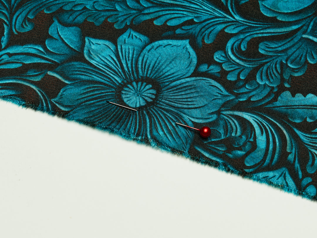 Charmeuse Satin  fabric by the yard -    Turquoise and brown tooled  print