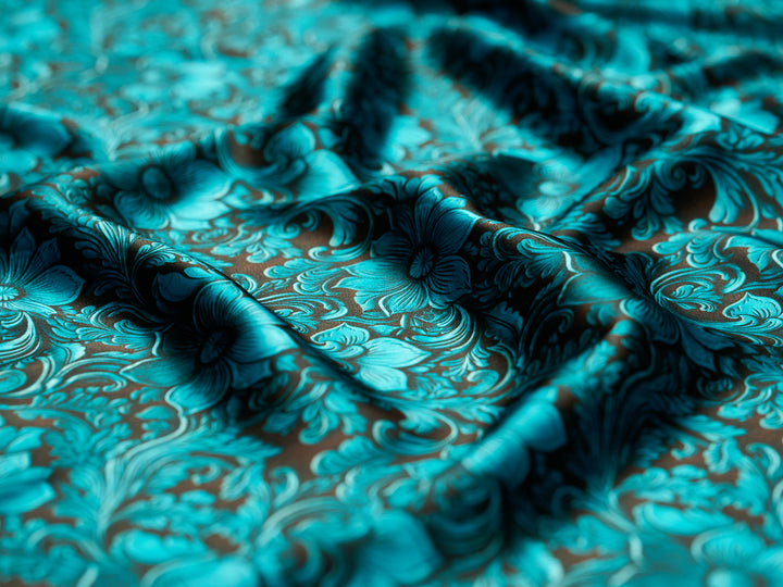 Charmeuse Satin  fabric by the yard -    Turquoise and brown tooled  print