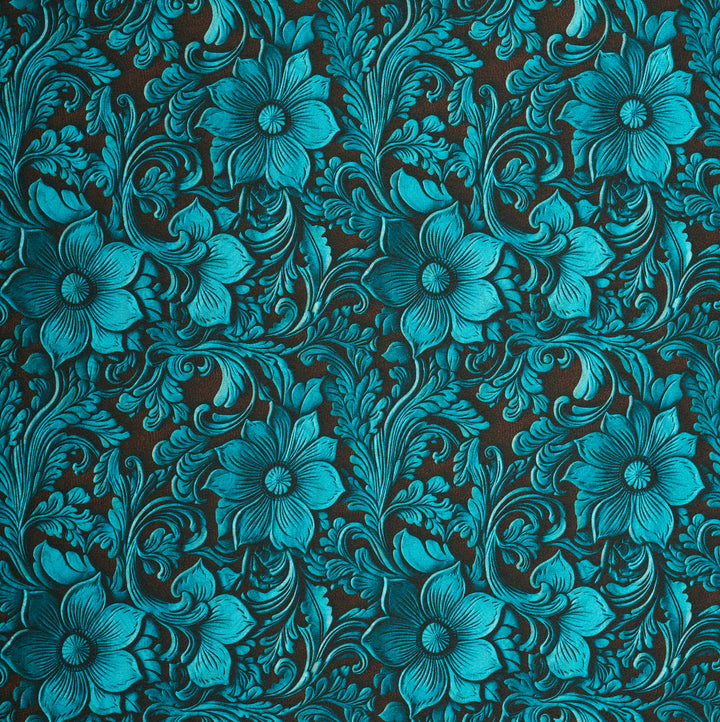 Charmeuse Satin  fabric by the yard -    Turquoise and brown tooled  print