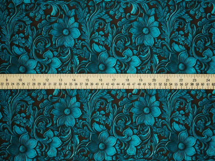 Charmeuse Satin  fabric by the yard -    Turquoise and brown tooled  print