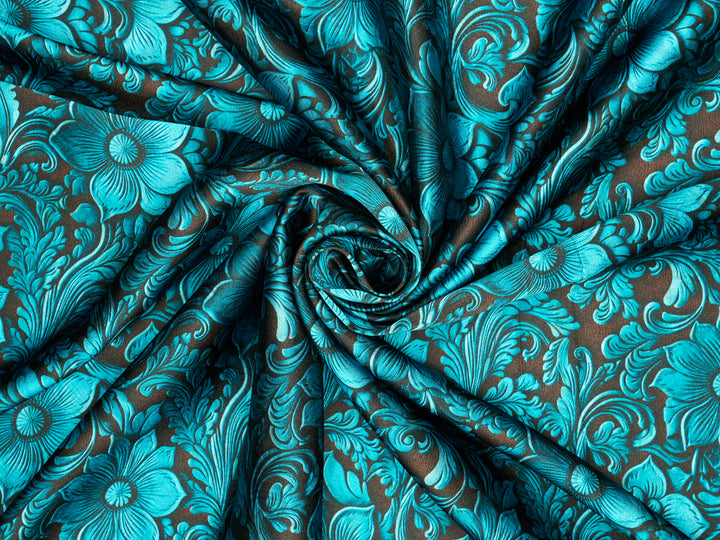 Charmeuse Satin  fabric by the yard -    Turquoise and brown tooled  print