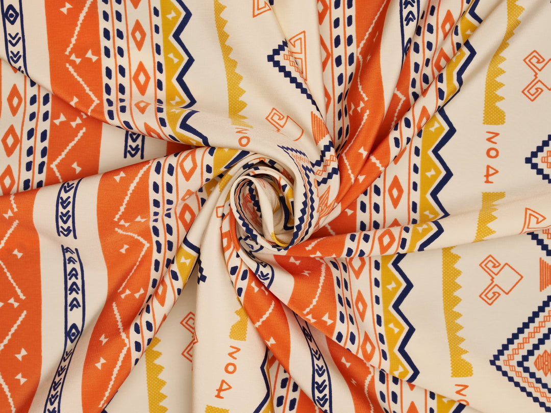 ORANGE MUSTARD BLACK WHITE AZTEC TRIBAL FABRIC PATTERN PEACHSKIN FABRIC 