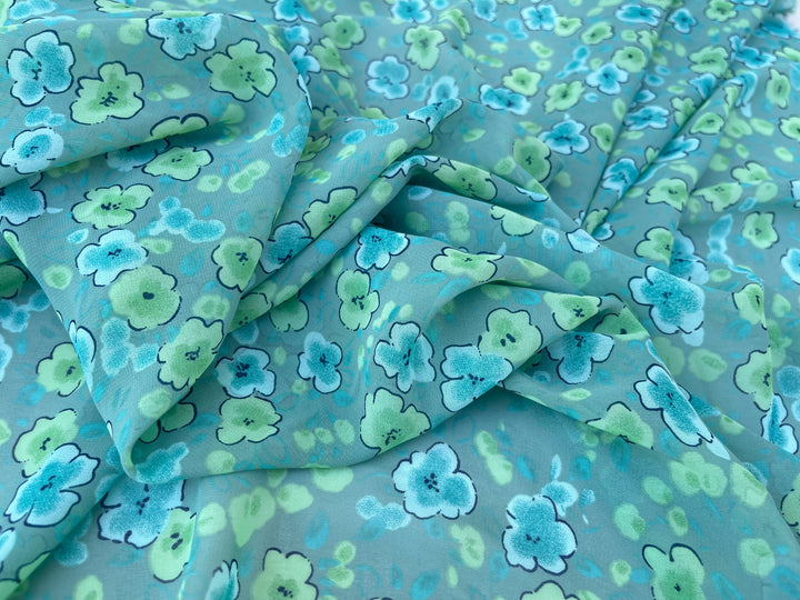 Chiffon fabric by the yard - Aqua Teal Floral print