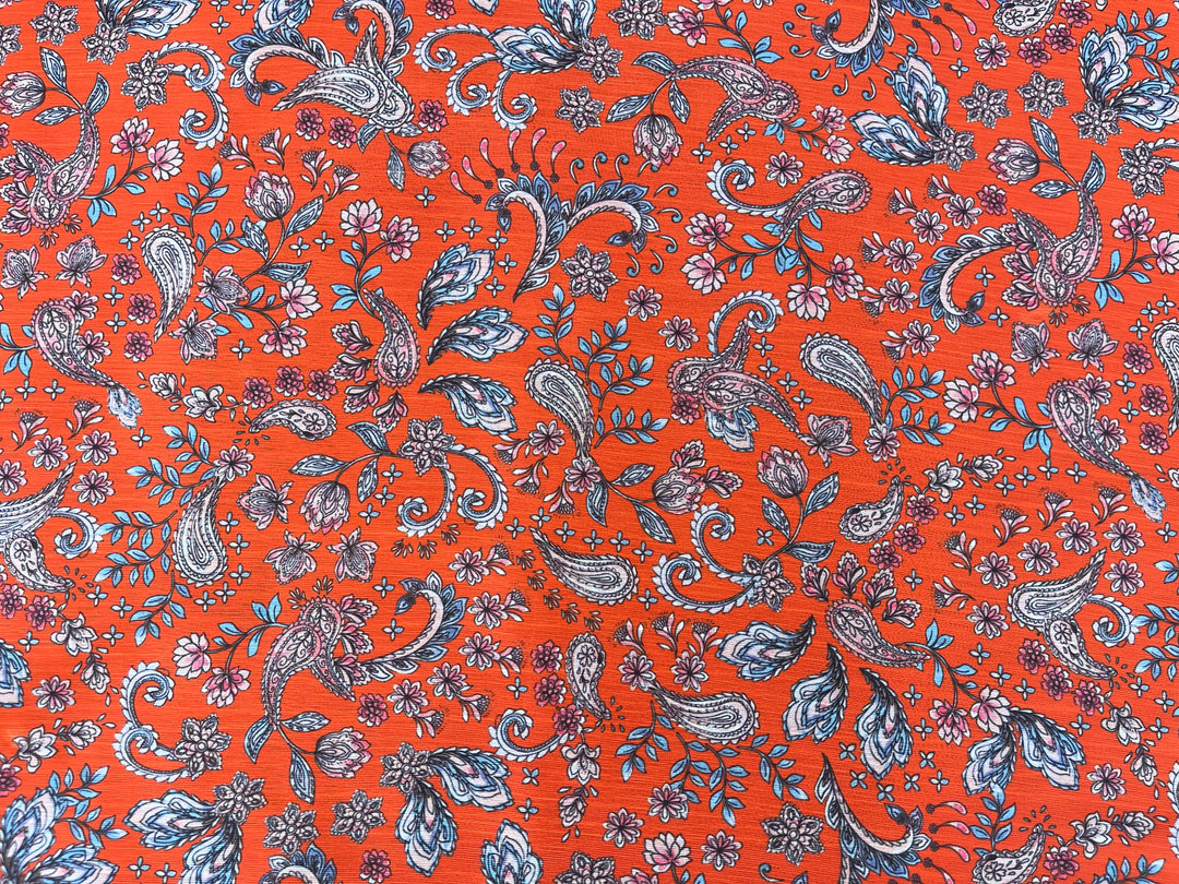 Chiffon fabric by the yard - Orange And Blue Paisley Print